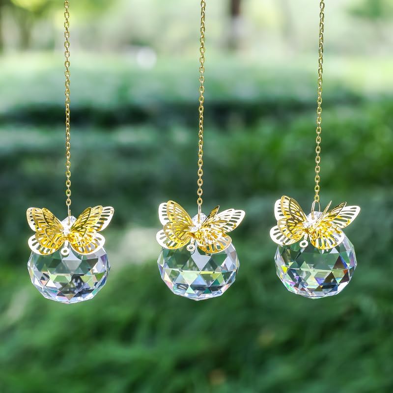 Crystal Suncatchers Gold Butterfly 40mm Crystal Prisms Ball Rainbow Maker with Chain for Window Hanging Decoratioin 3 Pack