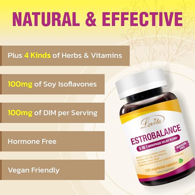 Lovita Menopause Supplements for Women, DIM Complex with Soy Isoflavones, Red Clover, Vitamin D3 & Black Pepper for Menopause & Hormone Balance Support, 120 Vegetarian Capsules
