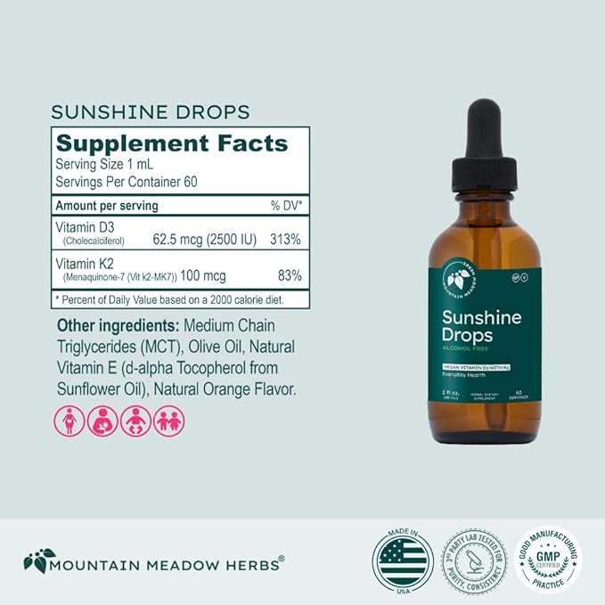 Mountain Meadow Herbs Sunshine Drops | Vegan Vitamin D3 Booster for Healthy Bones & Teeth | Ideal Winter Supplement | Tincture 2oz