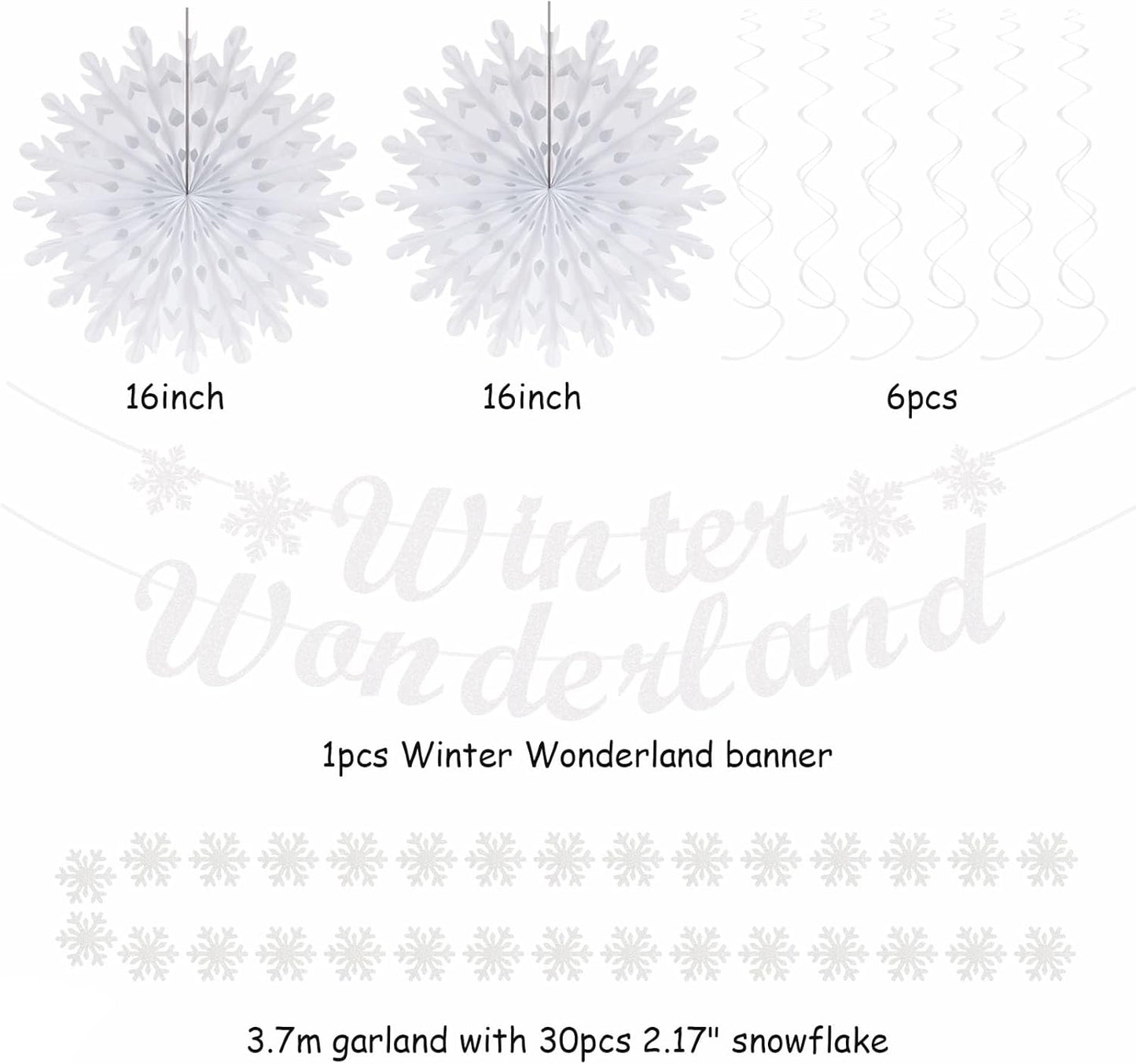 Winter-Wonderland Christmas-Snowflake White Party-Decorations - 21pcs Wedding Baby Shower Snow Banner,Paper Lanterns Honeycomb Streamers,Tissue Pom Poms Flower Fan,Classroom Hanging Decor Huglony