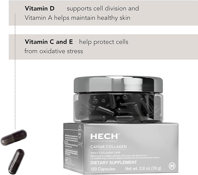 HECH Caviar Collagen Capsules - Beauty Supplement with 2,000 mg Marine Collagen Peptides, Caviar Extract and Vitamin Complex