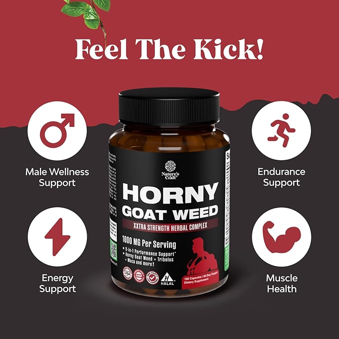 Bundle of Horny Goat Weed for Male Enhancement for Stamina & Energy and Black Maca Root Capsules for Men - Herbal Enhancement Supplement for Men