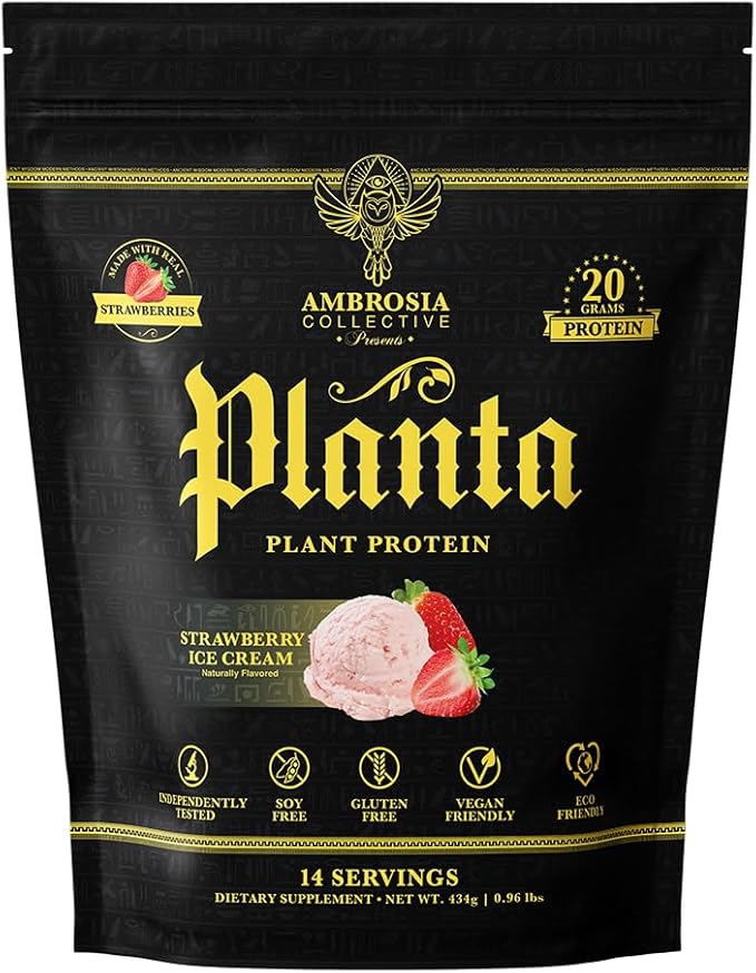 Ambrosia Planta - Premium Organic Plant-Based Protein | Vegan & Keto Friendly | Gourmet Flavors with No Bloating or Stomach Upset | No Added Sugar | 14 Servings | (Strawberry Ice Cream)