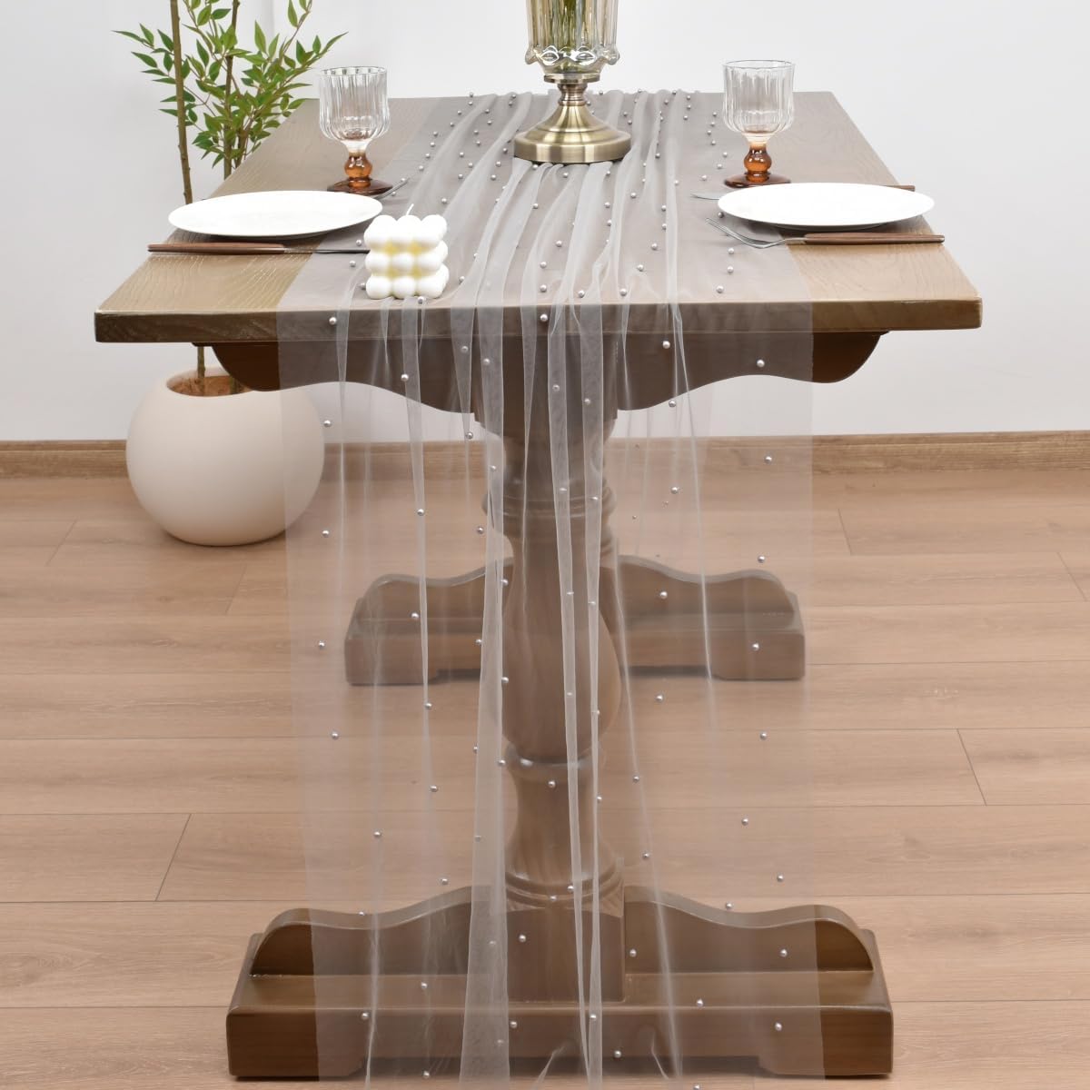 Joanlody Fall Pearl Table Runner 10ft Rustic Boho Tulle Table Runner with Pearls for Baby Shower Wedding Party Veil Dessert Thanksgiving Table Decor Gray