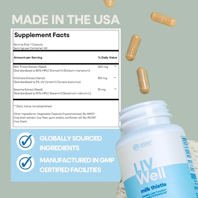 ESSE Vegan Milk Thistle Supplement with Sesame and Artichoke Extract - Advanced HPLC Tested for Purity - 80% Silymarin Thistle for Liver Cleanse Detox & Repair Plus Healthy Skin Support, 60 Capsules