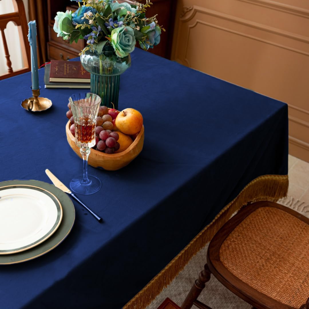 F-CHU Small Square Velvet Tablecloth with Beautiful Gold Tassels Vintage Table Cloth for Home Decor Wedding, Party, Banquet and Events 36x36-Inch,Blue