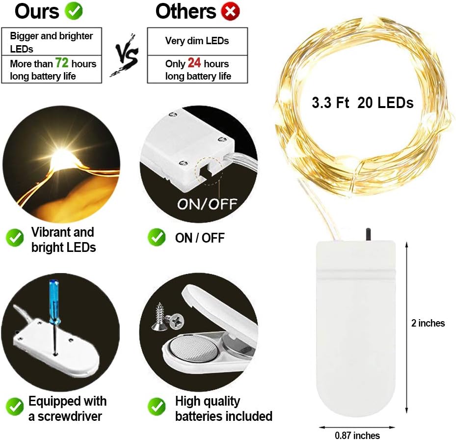 MUMUXI 20 Pack 3.3ft Fairy Lights Battery Operated String Lights, Mini LEDs Powered, Waterproof Indoor Silver Wire Firefly Mason Jars, Warm White for Home Decor, Parties, and Weddings