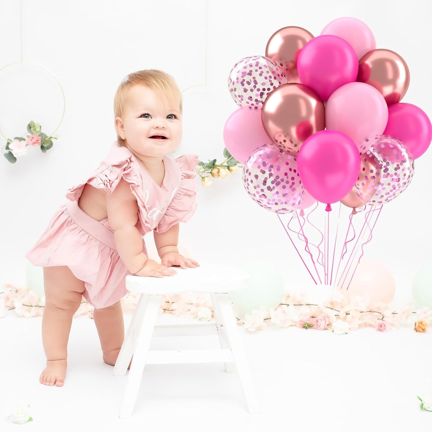 Patimate Hot Pink Balloons Set, 50 pcs 12 inch Metallic Rose Gold Hot Pink Pastel Pink Purple Confetti Latex Balloons Kit for Birthday Baby Shower Wedding Princess Party Decorations