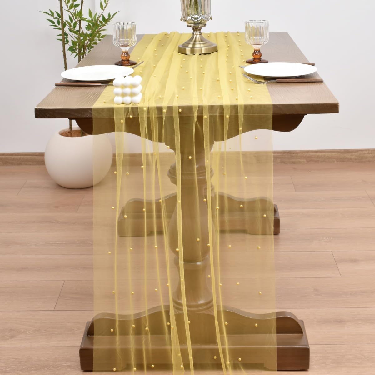 Joanlody Fall Pearl Table Runner 10ft Rustic Boho Tulle Table Runner with Pearls for Baby Shower Wedding Party Veil Dessert Thanksgiving Table Decor Yellow