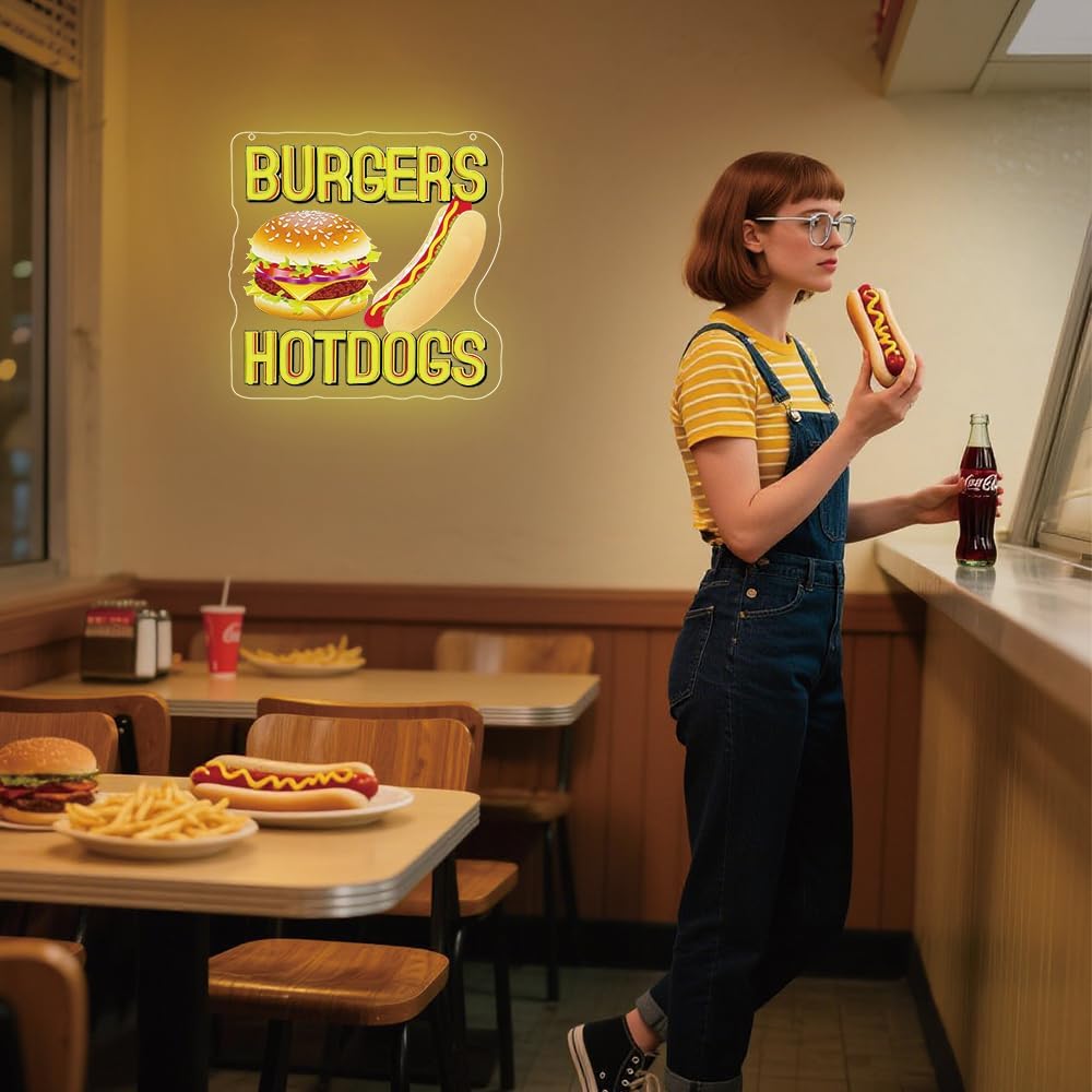 Hot Dogs Burgers Neon Signs for Wall Decor,Hot Dogs Led Neon Sign Party Decorations,Dimmable Hamburger Led Lights Sign for Business Food Restaurant Bar Birthday Party Decor,Hot Dog Shop Decor