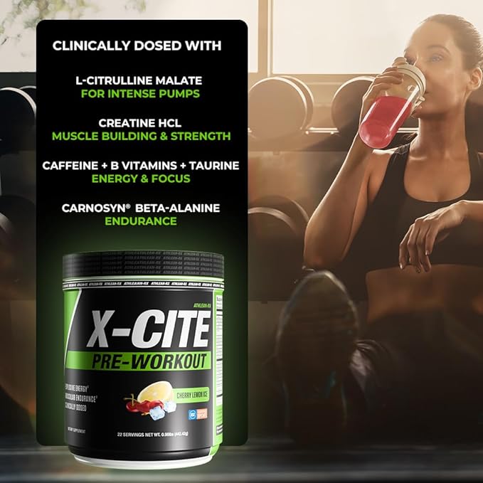 X-CITE Pre-Workout by ATHLEAN-X - Enhanced Formula with Beta-Alanine, Creatine & Caffeine for Ultimate Energy, Endurance, Focus & Muscle Pump, NSF Certified for Sports (22 Servings, Cherry Lemon Ice)
