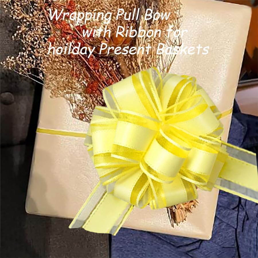 6 Pieces Large Pull Bows, 6 inches, Floral, Yellow, Organza, Wedding, Baby Shower, Bridal Shower, DECORATIVE RIBBON TRIM, 6 Count