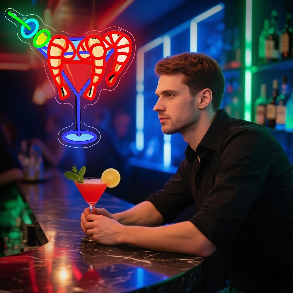 Cocktails Drinks Neon Signs for Wall Decor,Shrimp LED Neon Sign for Cocktails Bar Art Wall Lights,Adjustable Brightness Drinks Neon Sign for Beer Bar Decor,Restaurant,Pub Party,Night Club,Business