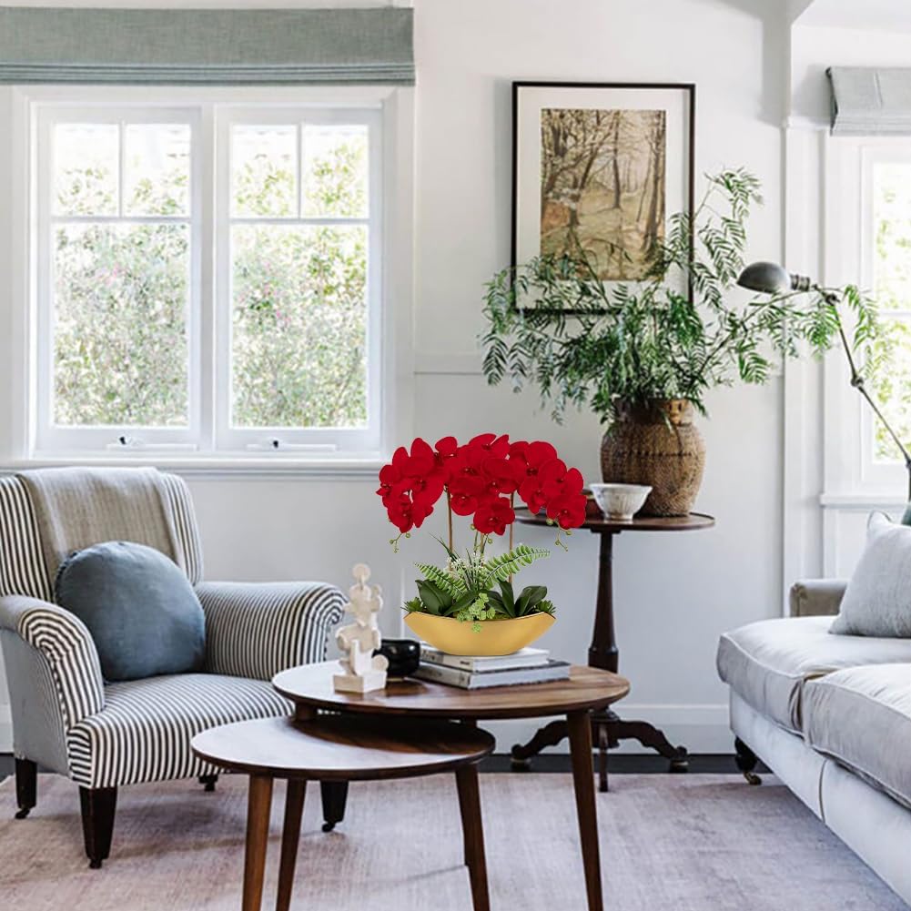 Briful Orchid Artificial Flowers 18in Red Fake Orchid Silk Flowers with Gold Ceramic Vase Faux Phalaenopsis Arrangement for Home Office Room Dining Table Centerpiece Modern Decor