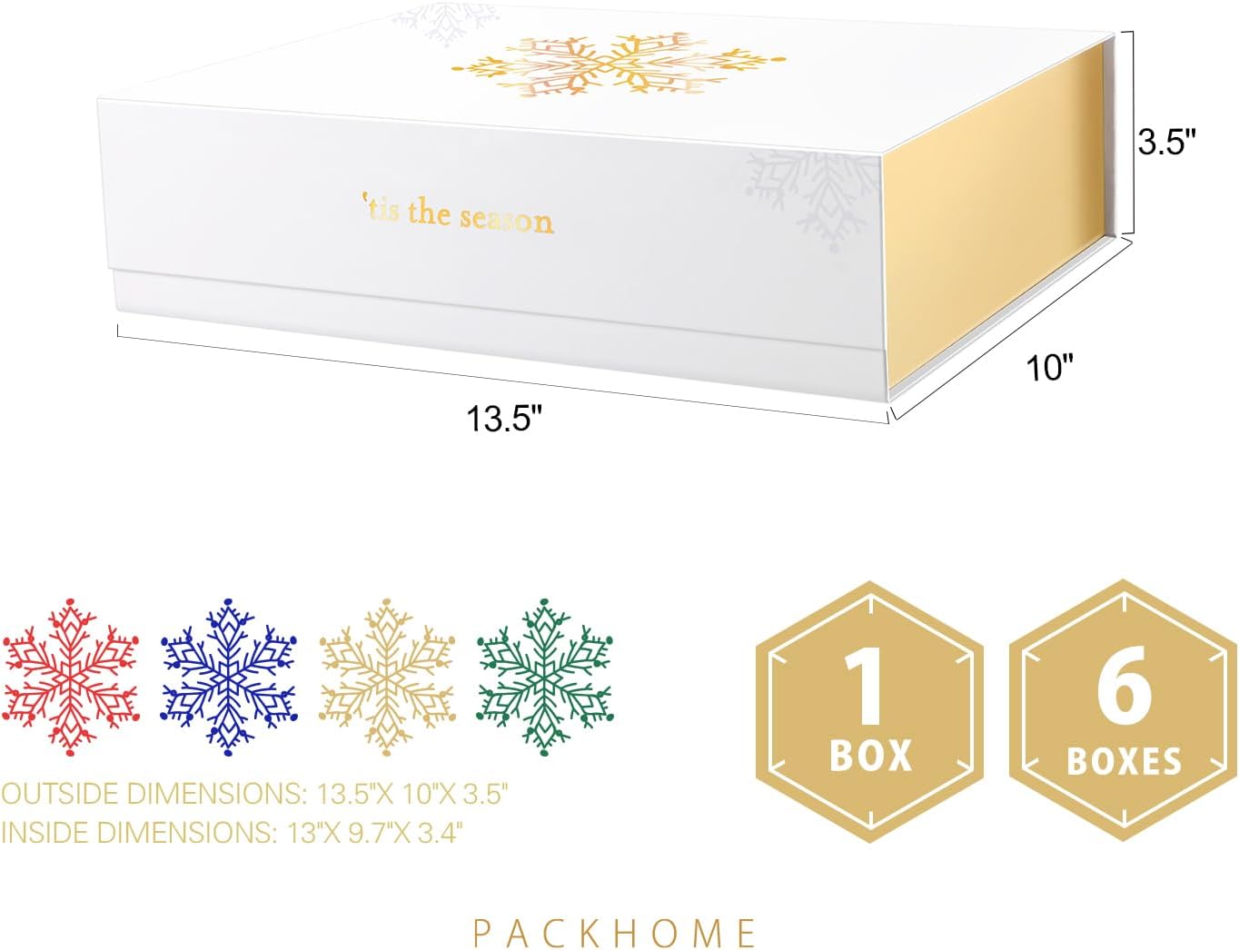 PACKHOME Christmas Gift Box 13x9.7x3.4 Inches, Large Gift Box with Lid, Sturdy Shirt Box with Magnetic Lid for Wrapping Gifts (Gold Snowflake Pattern)