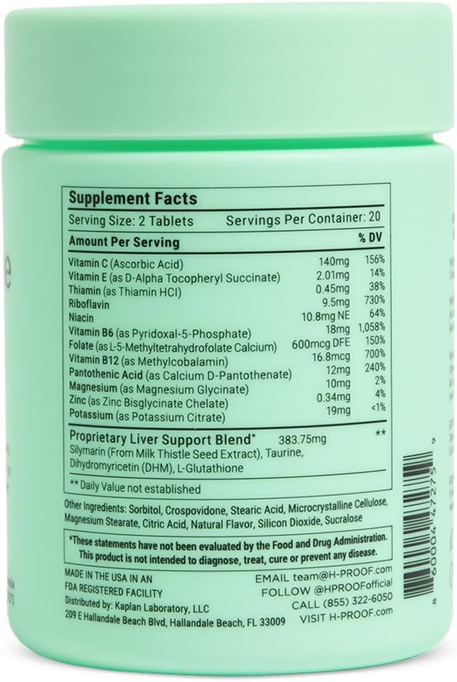 H-PROOF The Anytime You Drink Vitamin, Liver Health & Immunity Support with Electrolytes, Milk Thistle, and Vitamins B & C - 40 Chewable Tablets (20 Servings), Vegan, Lemonade
