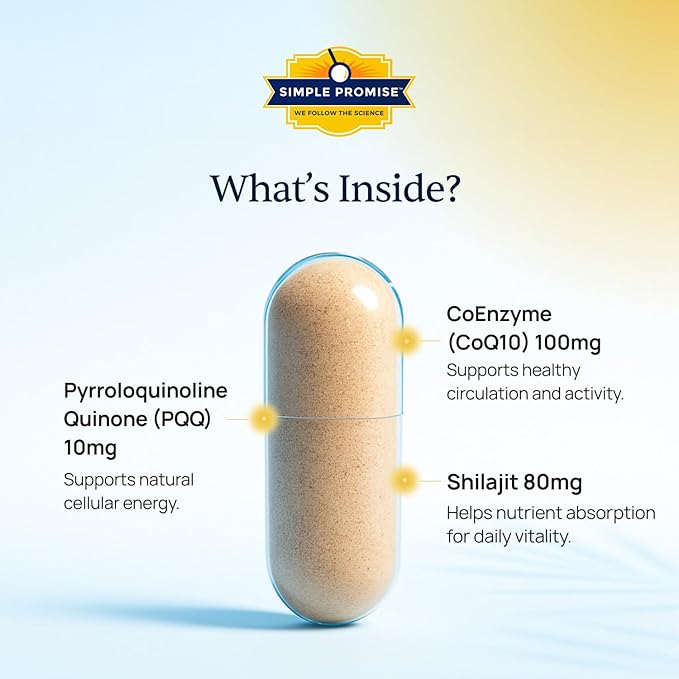 Simple Promise CardioClear7 - Coenzyme Q10 (CoQ10) and PQQ Heart Health supplement with Shilajit - Supports Circulation, Cellular Energy & Daily Vitality to Support Cardiovascular Health - 30 Capsules
