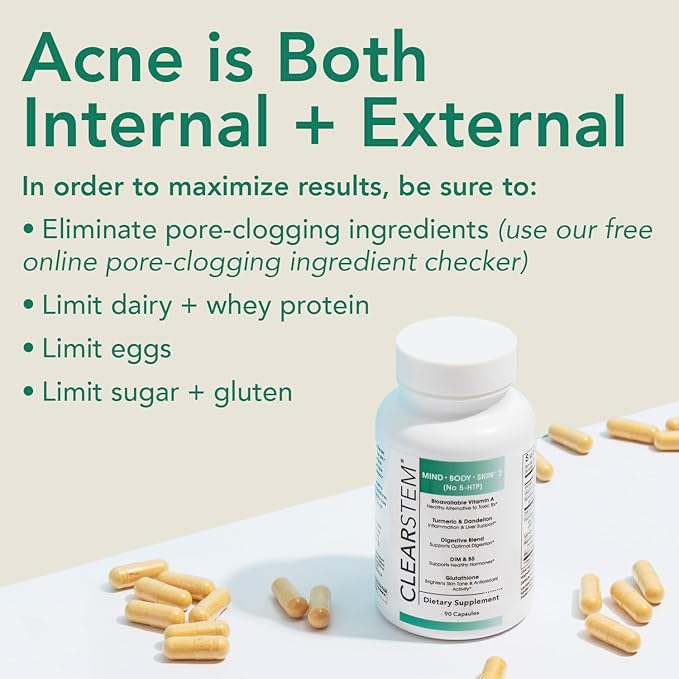 CLEARSTEM - MINDBODYSKIN Hormonal Acne Supplement (No 5-HTP) - Natural DIM Supplement - Skin Care Vitamins - Hormone Balance, Antioxidants - Gluten Free, Cruelty Free - 30 Servings, 90 Capsules