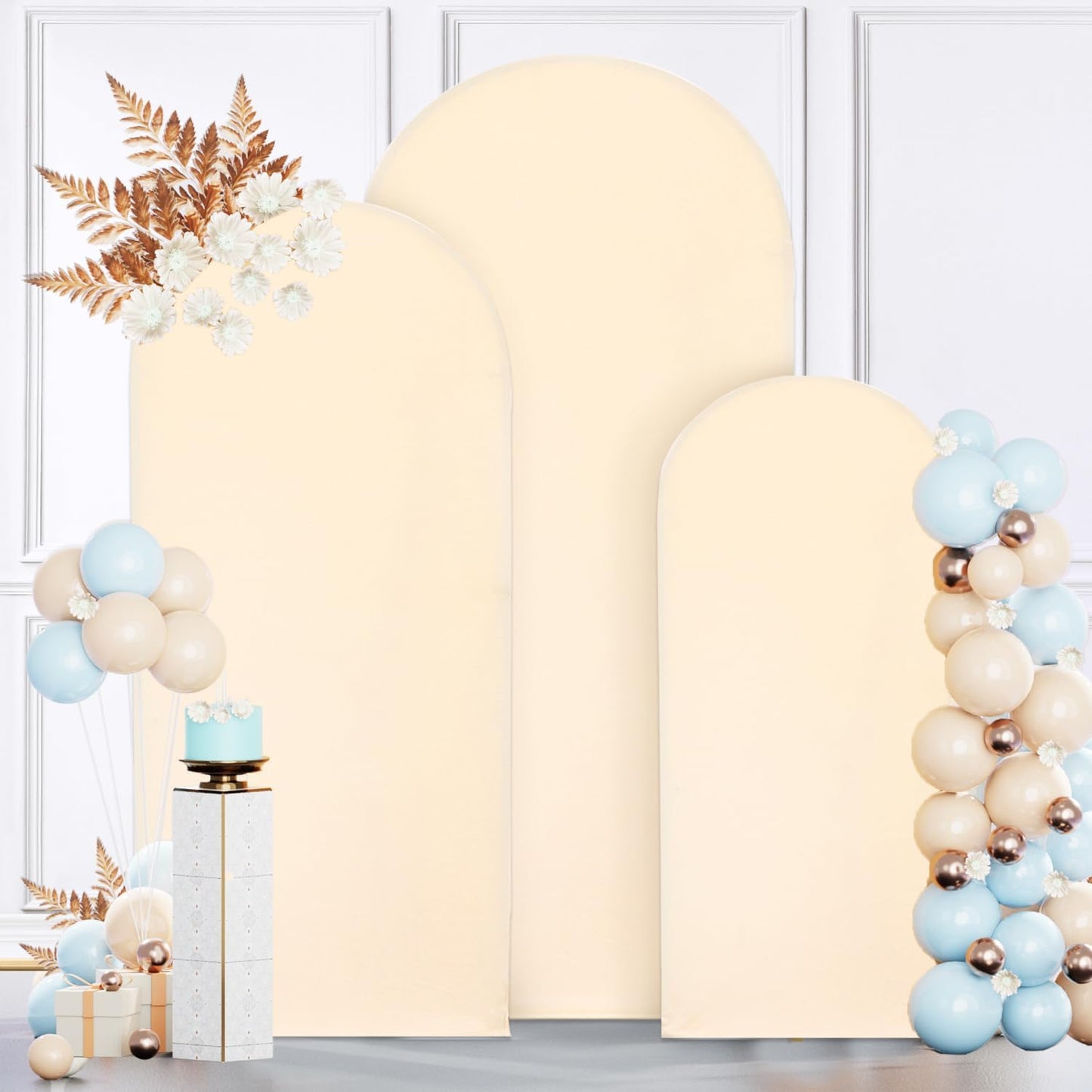 MODFUNS Metal Arch Backdrop Stand and Cover Set 4&5&6ft Beige Wedding Arch Covers Gold Arched Cover Set of 3 Chiara Arches Backdrop Cover for Wedding Ceremony Party Banquet Decoration