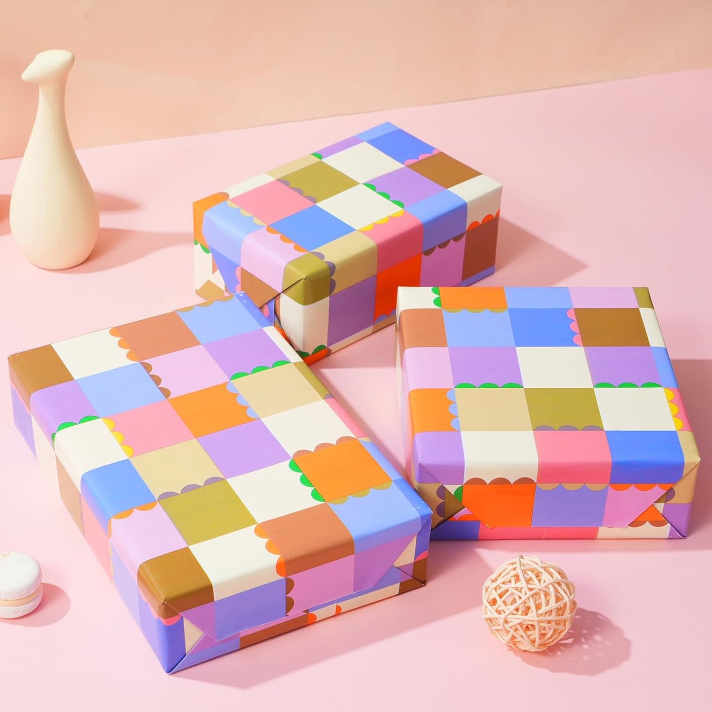 Ulmasinn Color Block Wrapping Paper Roll - 17 Inches x 33 Feet - for Girls Boys Kids, Colorful Square Patterned Gift Wrapping Paper with Scalloped Edges for Birthday Party, Holidays, Weddings