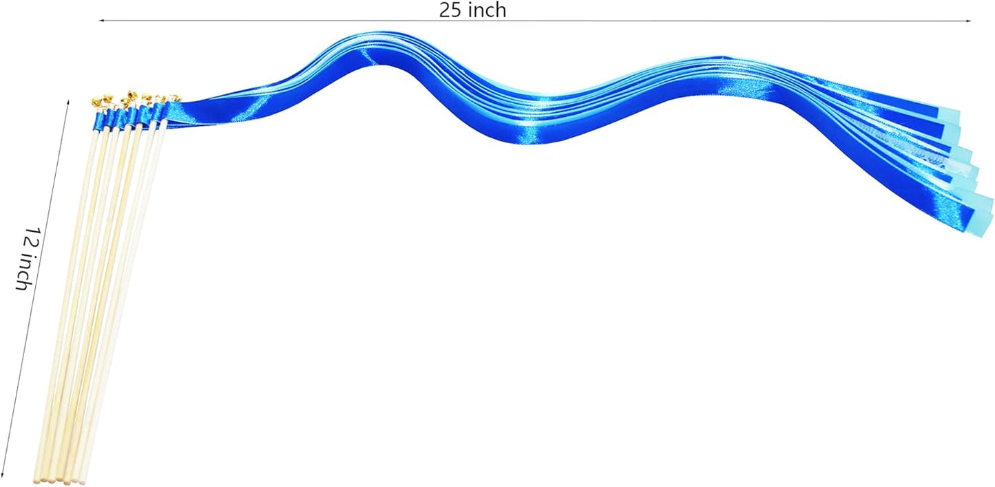 100 Pack Blue Lace Wedding Ribbon Wands Streamers with Bells Silk Fairy Wands Sticks Wedding Exit Ribbon for Party Activities Bridal Shower Send Off Holiday Celebration