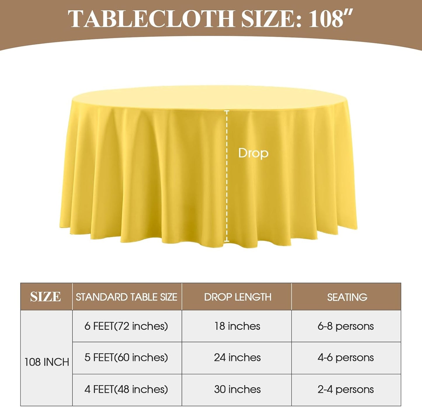 Round Tablecloth 6 Pack 108 Inch Yellow Tablecloths Washable Decorative Linen Polyester Table Clothes Cover for Dining Table Banquets Buffet Parties and Wedding