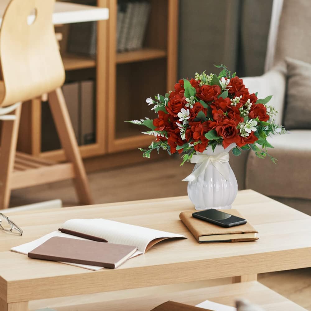 LESING Artificial Rose Silk Hydrangea Flowers Bouquets with Vase Rustic Fake Flowers for Home Decoration Table Centerpiece (Claret Red)