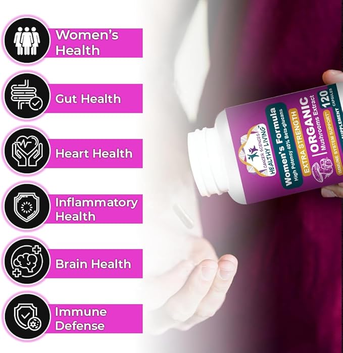 CANCER SCIENCES Women's Wellness Supplement, USDA Certified Organic Mushrooms Extract, Extra Strength 1,500 mg, High Potency 40% Beta-Glucans, Immune & Hormonal Support, Digestive Health, 120 Capsules