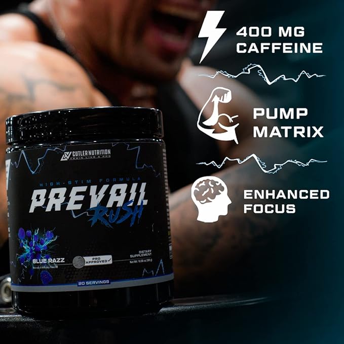 Cutler Nutrition High Stim Pre Workout Powder Prevail Rush Preworkout for Men & Women for Intense Pumps Energy and Focus with Caffeine NO3T Betaine and Dynamine | Sour Blue Razz (20 Servings)