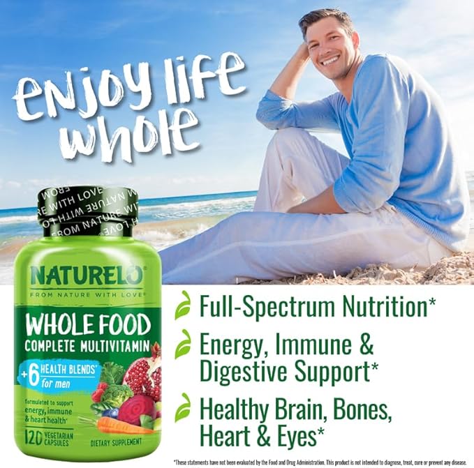 NATURELO Mens Multivitamins - Whole Food Multivitamin for Men with Vitamins, Minerals - 120 Vegetarian Capsules for Energy, Brain, Heart, Eye Health*