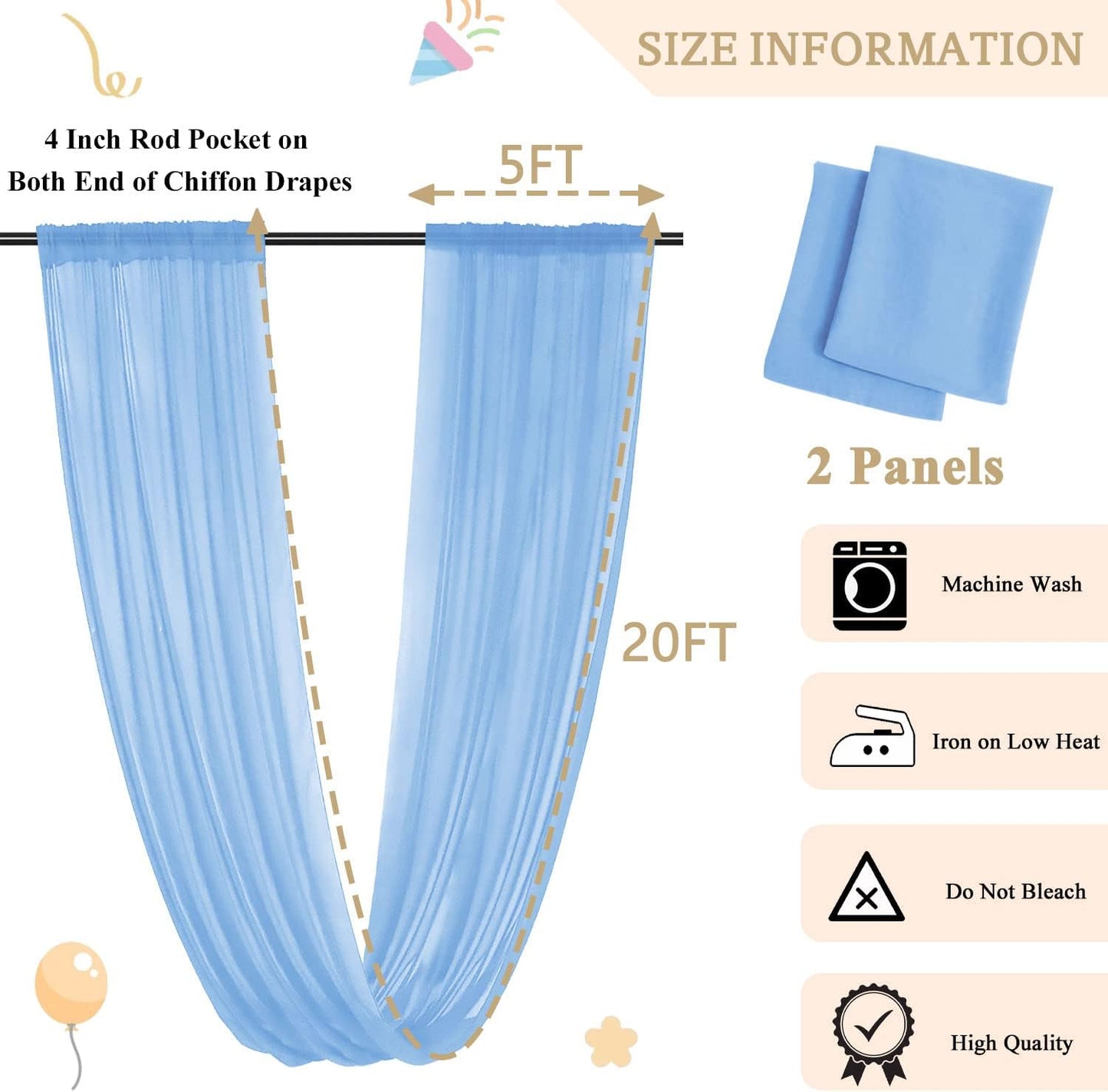 MODFUNS Wedding Drapes Ceiling Decorations Baby Blue Wedding Arch Drapes 5FTx20FT 2 Panels Chiffon Sheer Ceiling Curtain Tulle Curtain for Party Sheer Arbor Drapery Canpoy Tent Ceiling Backdrop