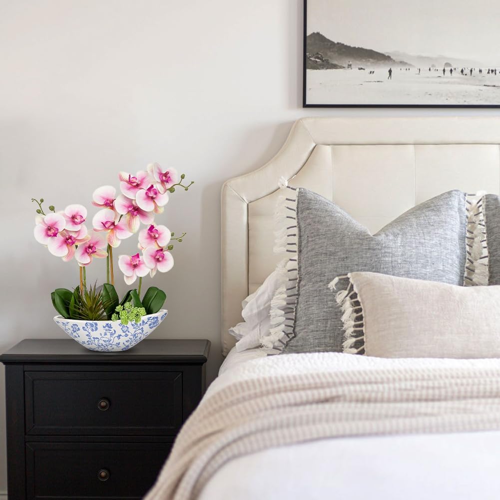 Briful Pink Orchid Fake Flowers 17in Artificial Orchid Silk Flowers in Blue and White Ceramic Vase Faux Orchid Arrangement for Elegant Home Office Room Dining Table Centerpiece Shelf Modern Decor