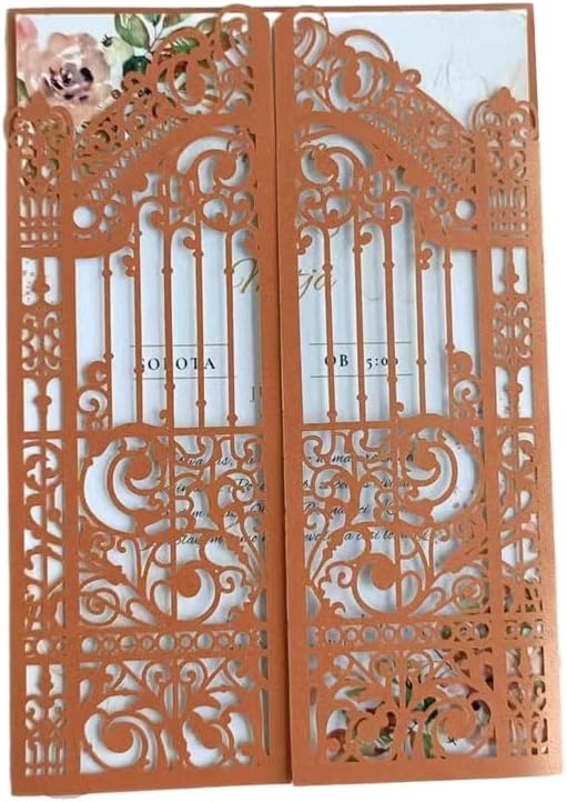 MillaSaw Bronze Fence Laser Cut Invitation Cards Pocket With Envelope For Wedding Engagement Birthday Cocktail Party 25 Sets (bronzed, 5.1"x7.1")