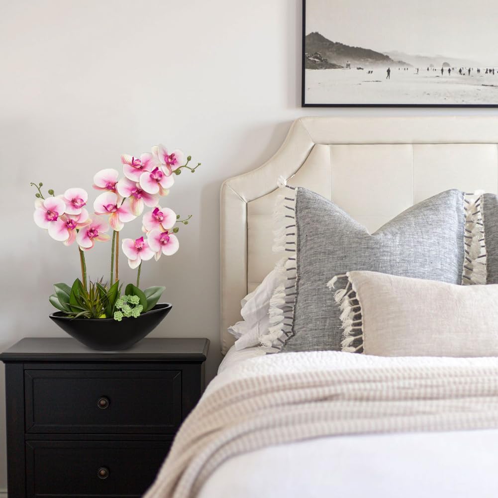 Briful Pink Orchid Fake Flowers 17in Artificial Orchid Silk Flowers in Black Pot Faux Orchid Arrangement for Home Office Bathroom Table Centerpiece Modern Decor