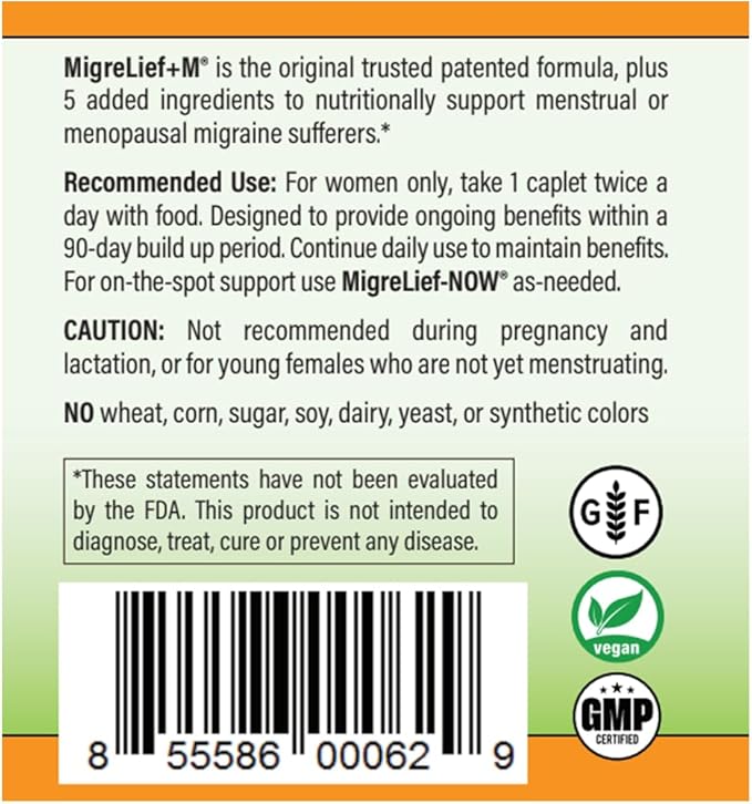 MigreLief+M – Advanced Nutritional Support Supplement for Women’s Neurological Health and Head Comfort – 60 Caplets (1-Month Supply)