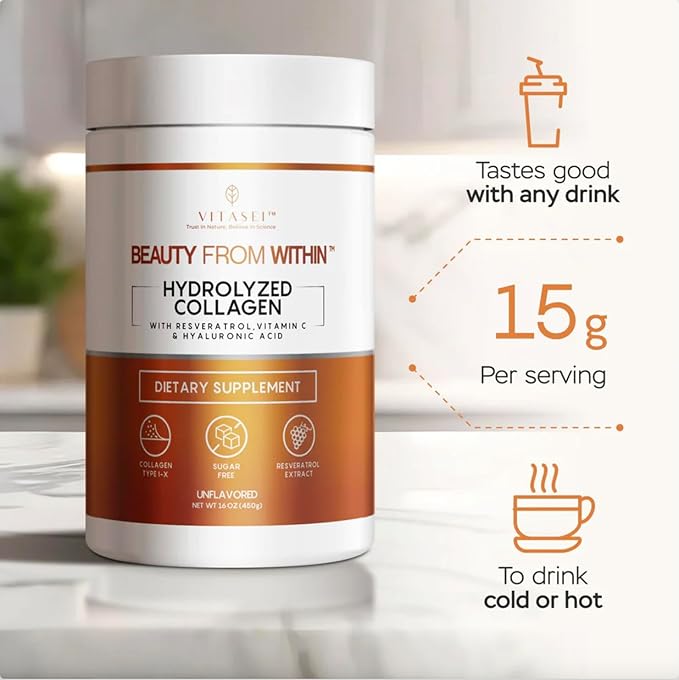 Hydrolyzed Collagen Peptides Powder with Vitamin C & Resveratrol - Hair, Skin and Nails Vitamins for Women & Men - Bone and Joint Supplement - Unflavored - 16 oz