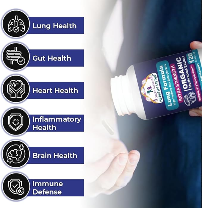 CANCER SCIENCES Lung Health & Wellness Supplement, USDA Certified Organic Mushrooms Extract, 1,500 mg Extra Strength, High Potency 40% Beta-Glucans, Immune Support, Healthy Lungs Booster, 120 Capsules