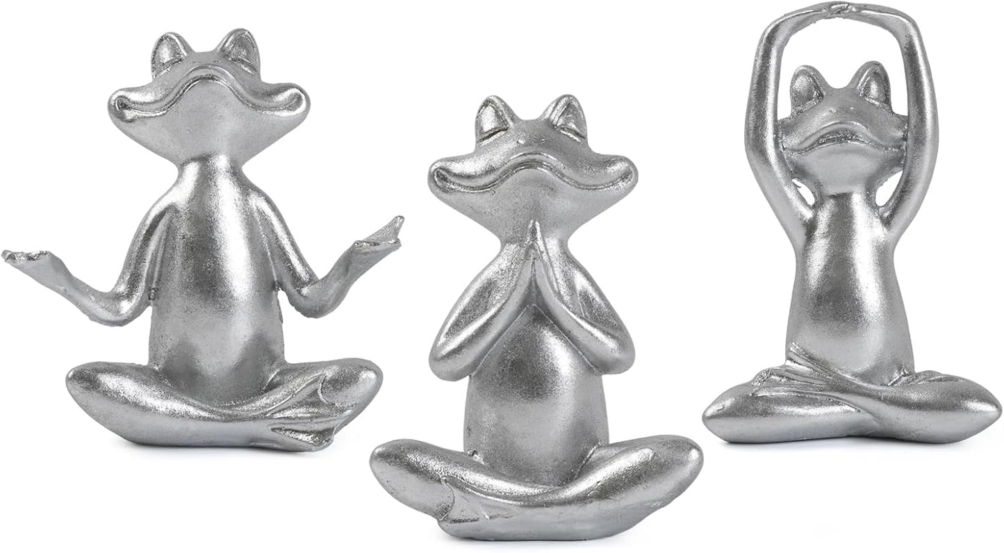 Silver Frog Figurines Yoga Decor Set of 3 –Frog Yoga Statues for Modern Living Room Table Office Bookshelf Shelves Home Sculptures Decor, for Mom Dad Women