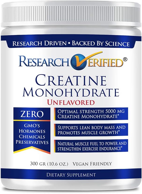 Research Verified Creatine Monohydrate - Support Optimal Muscle Growth, Enhance Performance - 5000mg Creatine Monohydrate - BioPerine - 60 Servings - Unflavored - Vegan