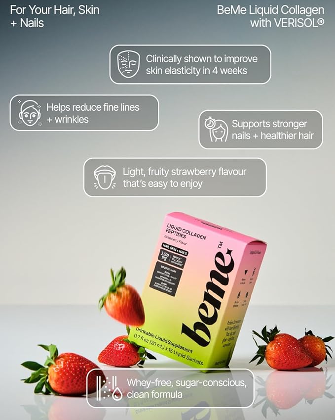 BeMe Liquid Collagen Drink for Radiant Skin, Strong Hair & Nails – VERISOL Collagen Peptides with Biotin, CoQ10 & Vitamin C – 98% Bioavailability for Fast Results – Beauty Supplement (15 Sachets)