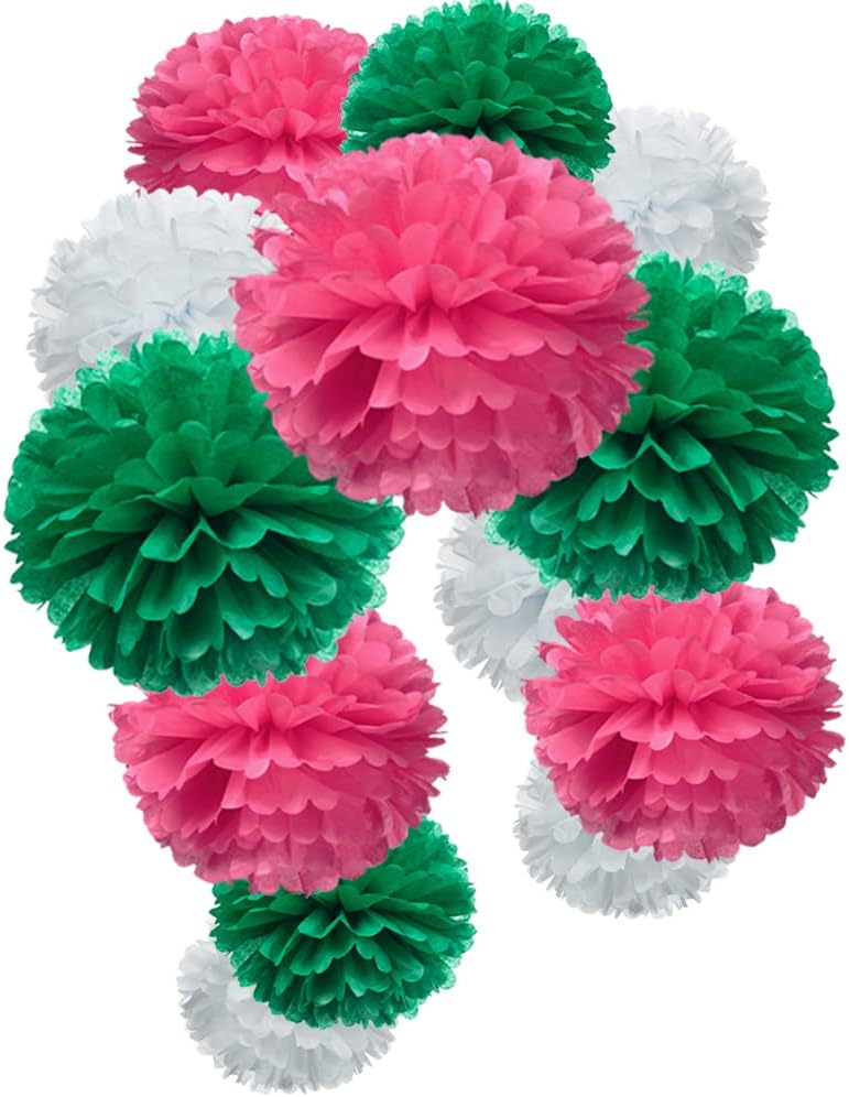 Paper Flower Tissue Pom Poms Party Decoration for Jungle Summer Tropical Theme Party,Hot Pink Green and White,12 Counts