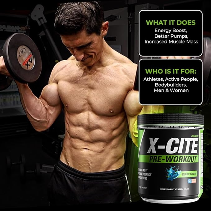 X-CITE Pre-Workout by ATHLEAN-X - Enhanced Formula with Beta-Alanine, Creatine & Caffeine for Energy, Endurance, Focus & Muscle Pump, NSF Certified for Sports (22 Servings, Sour Blue Raspberry)