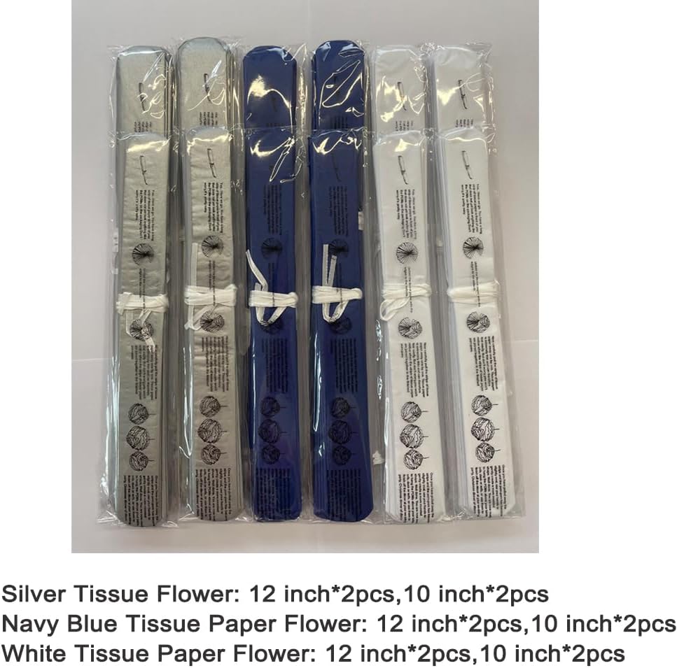 Royal Blue Silver and White Paper Flower Tissue Pom Poms for Birthday Graduation Baby Shower Bachelor Retirement Theme Party, 12pc