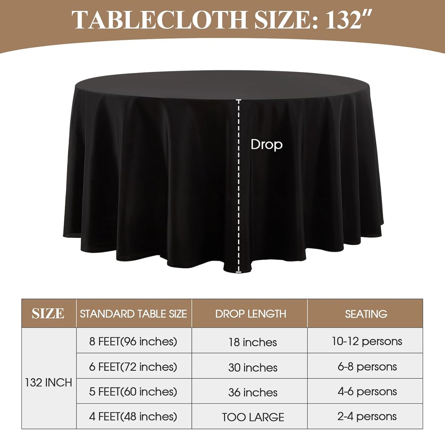 Round Tablecloth 132 Inch 6 Pack Black Tablecloths Washable Decorative Linen Polyester Table Clothes Cover for Dining Table Banquets Buffet Parties and Wedding
