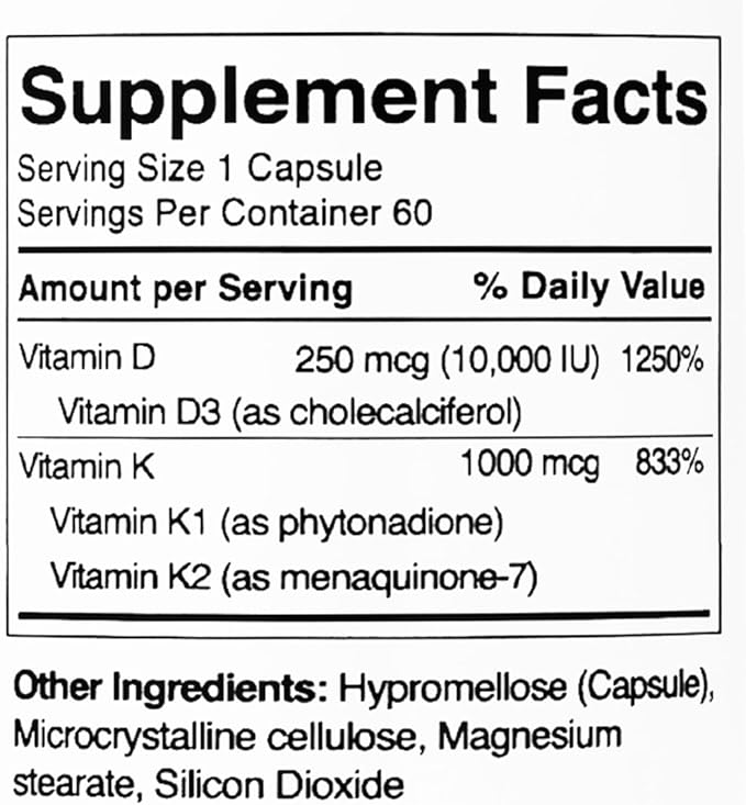 Vitamin D3 10,000 IU with K2 – Immune, Teeth, Bone Health Support, Non-GMO, Gluten & Dairy Free, 60 Day Supply, 60 Capsules
