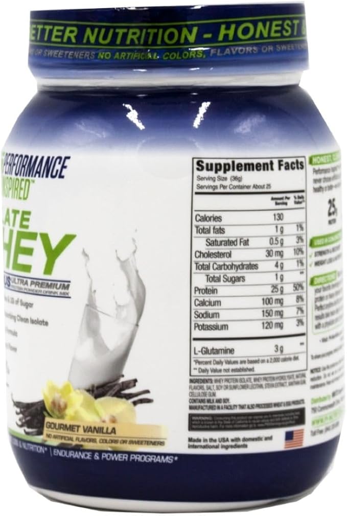 Performance Inspired Nutrition Isolate Whey Protein Powder - All Natural - 25G - Fast Absorbing & Clean - Added L-Glutamine - Contains BCAAs - Vanilla - 2lbs