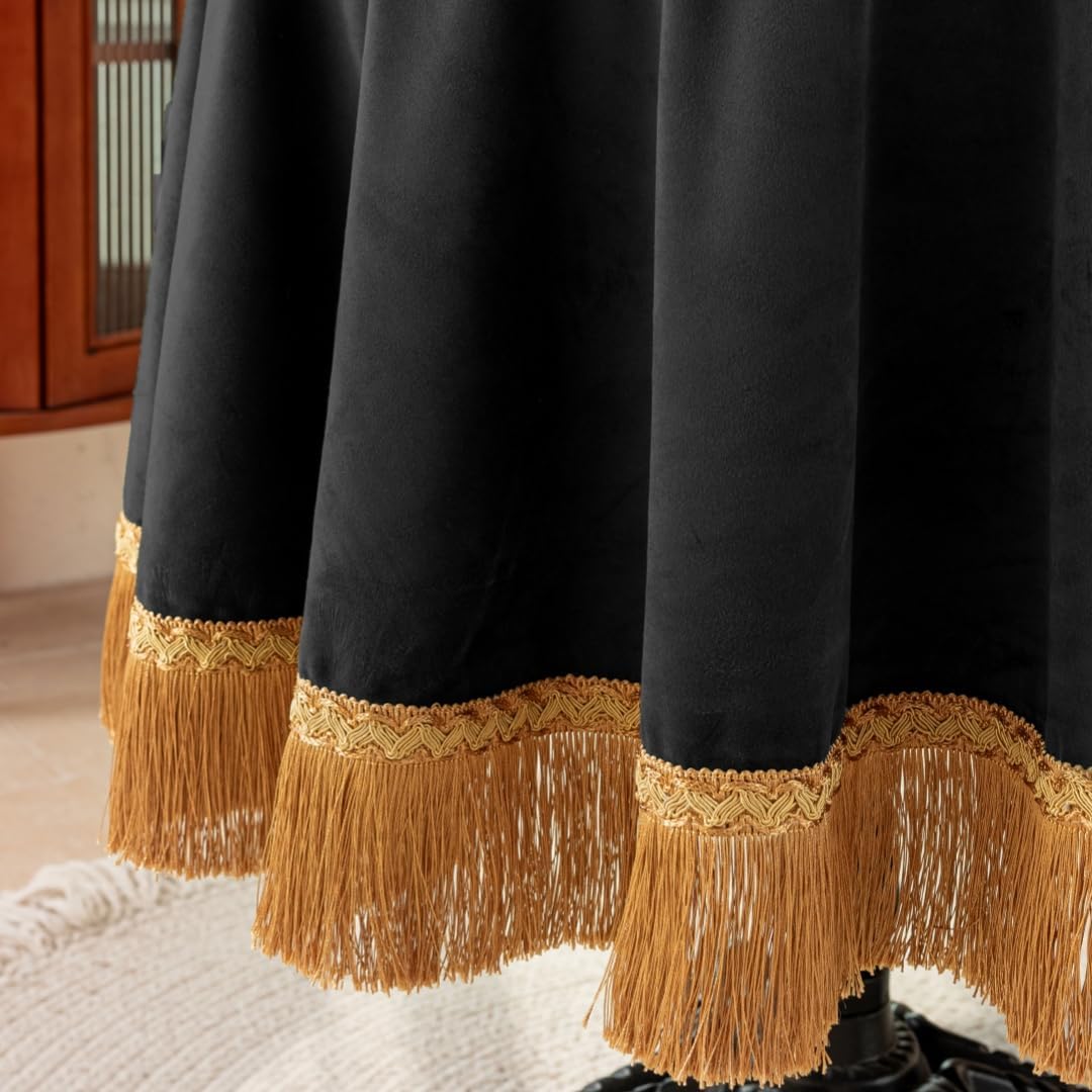 F-CHU Luxury Black Tablecloth Thickset Velvet Tablecloth with Beautiful Gold Tassels Table Cloth for Home Decor Wedding, Party, Banquet and Events 60x70-Inch