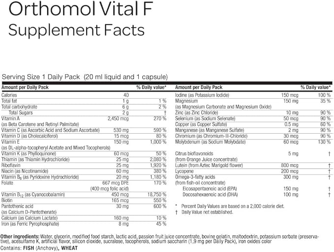 Orthomol Vital F Vial, Women's Multivitamin, 7-Day Supply, Vitamins A, B, C, D, E, K, Calcium, Iodine, Omega-3