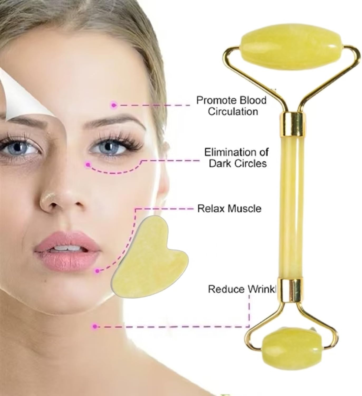 Natural Jade Roller & Gua Sha Set, Self Care Colorful Gift for Face Eye Neck Massager for Women Men, Jade Gua Sha Tool for Face for Skin Care, Improves Skin Tone-Beauty & Skincare (Yellow)