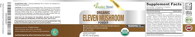 Organic 11 Mushroom Powder - USDA Certified - Lion's Mane, Reishi, Cordyceps, Maitake, Shiitake, Turkey Tail, Chaga, Zhuling, Wood Ear, Poria Cocos, Hime-Matsutake - Immunity & Energy, No filler